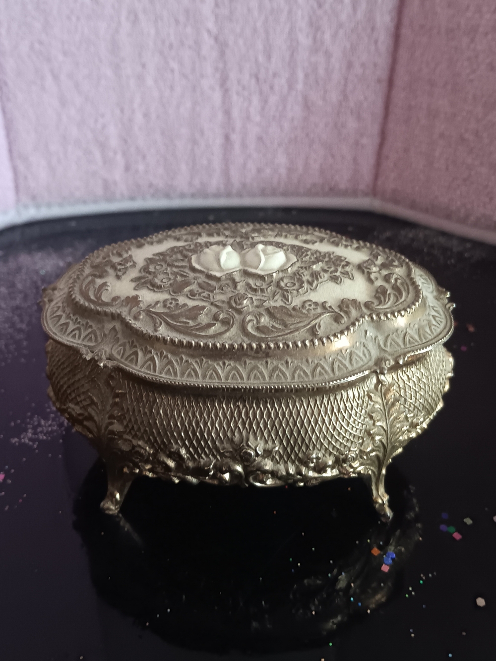 Mid Century Ornate Footed Metal Trinket Box Casket Box Broken Hinge For Repair